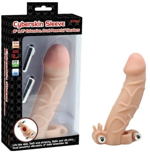 Charmly Cyberskin Extension Sleeve Dual Powerful Vibrators Flesh - Pénisz feltét