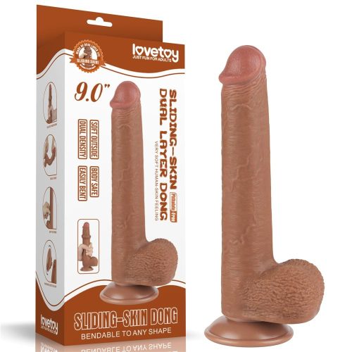 9'' Sliding Skin Dual Layer Dong - Élethű barna dildó 22 cm