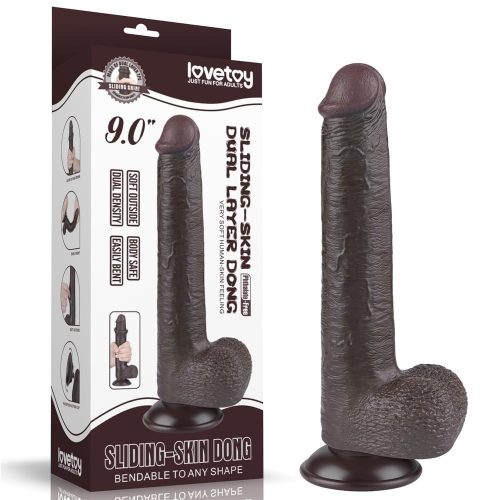 9'' Sliding Skin Dual Layer Dong Black - Élethű dildó 22 cm