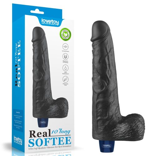 10" REAL SOFTEE Rechargeable Vibrating Dildo(Black) - Élethű vibrátor 25,3 cm